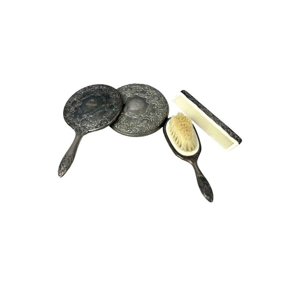 Vintage silver plated vanity Dresser Set Mirror Brush Comb Powder Dish Lid Only - Picture 1 of 12